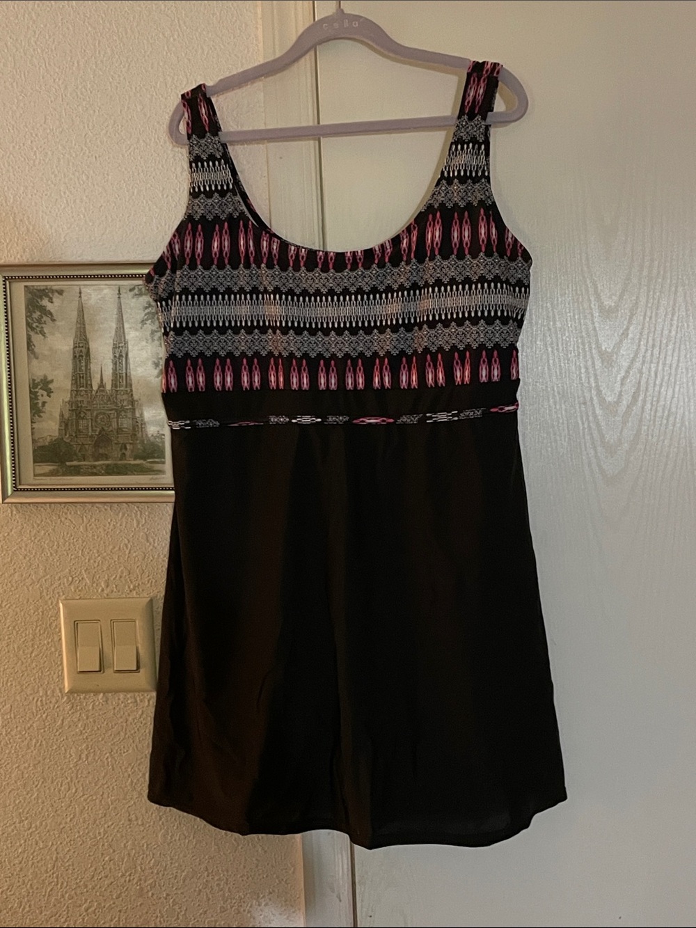Black Sleeveless Romper with Pink & White Geometric Bodice